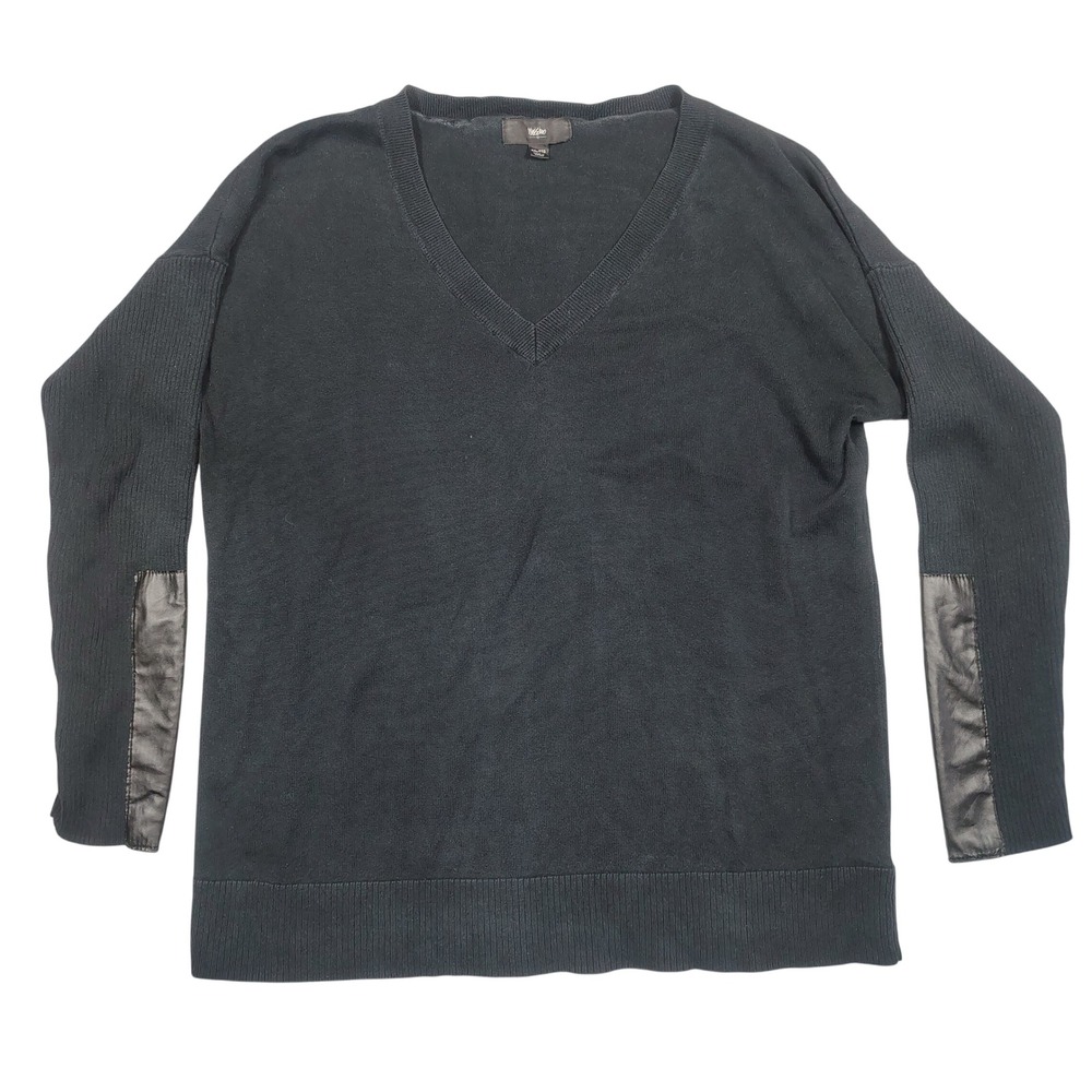 Mossimo‎ Sweater Womens XXL Black Faux Leather Elbow Patch V-Neck Cotton Knit